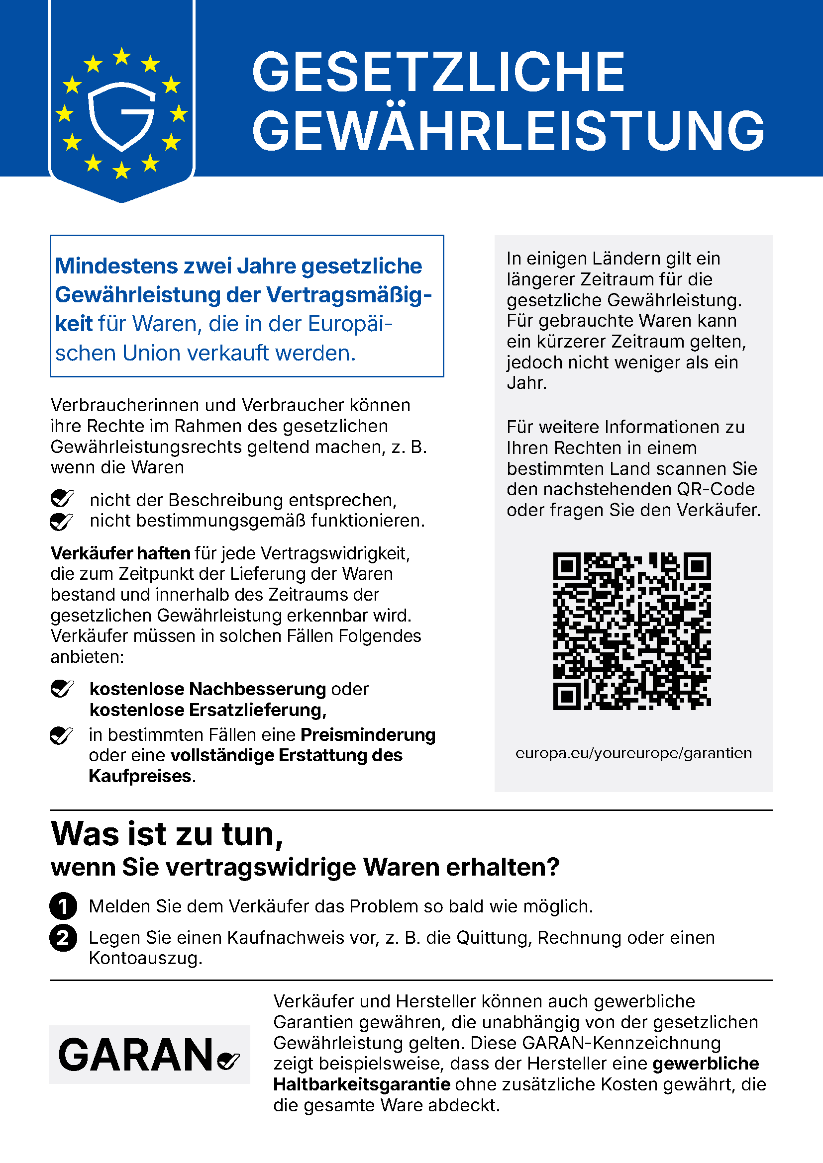 Gesetzliche Konformitätsgarantie – harmonisierter Hinweis der Europäischen Union